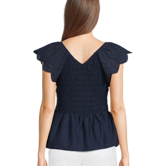 Time and Tru Women's Smocked Bodice V-Neck Eyelet Ruffle Top - Picture 2 of 9